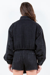 American Bazi Women's Drawstring Waist Crop Denim Jacket - Trendy and Comfortable